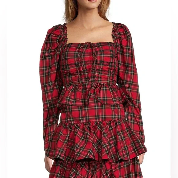 NWT Antonio Melani Elvira Plaid Tie Square Neck Long Puffed Sleeve Blouse Sz 6 - Picture 4 of 11